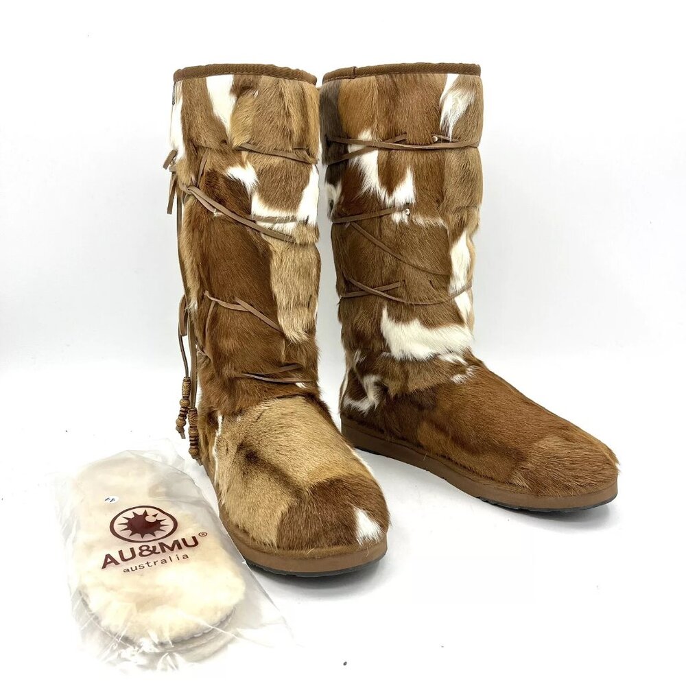 Au & Mu Australia Traditional Wooden Bead Brown White Fur Boots Women's Size 12